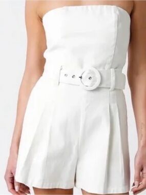 Strapless White Linen Belted Romper